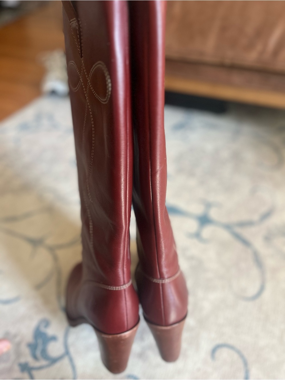 FRYE AND CO. Corinne Tall Deco Stitch Burgundy Leather Knee-High Heeled Boots - Picture 5 of 10